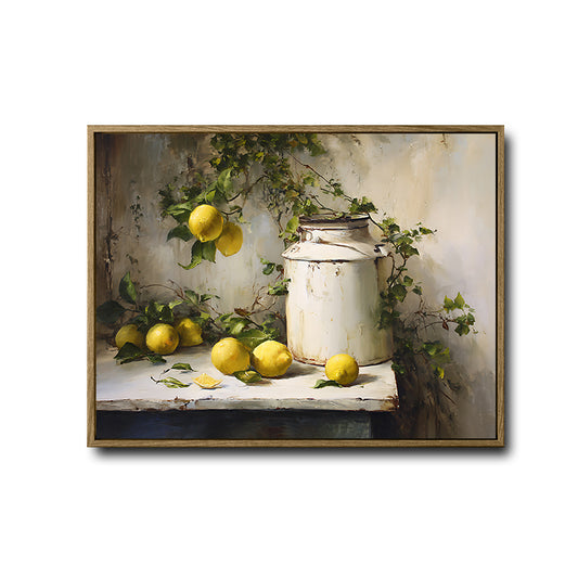 Rustic Country Lemon Wall Print, Antique‑Style Fruit Still Life with Ivy Canvas Art for Dining Room Cottage Home Decor