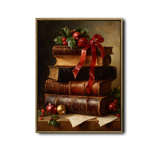 Vintage Christmas Old Books Holly Red Ribbon Framed Wall Art Christmas Decoration