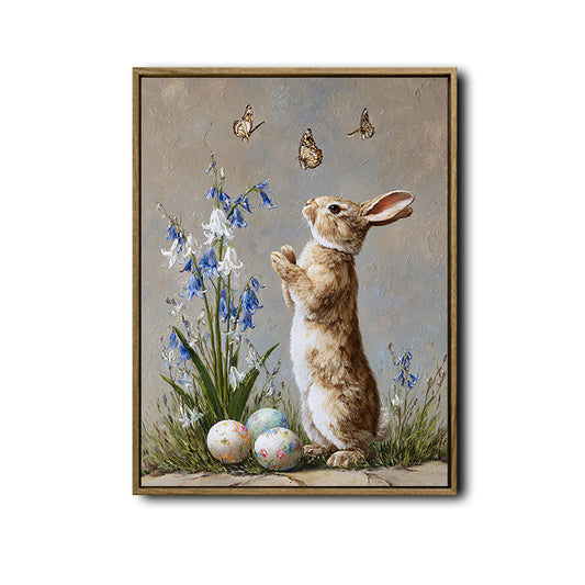 Vintage Standing Bunny Bluebell Butterflies Easter Eggs Canvas Wall Art