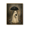 Vintage Ghost Holding Black Cat Umbrella Rainy Halloween Framed Wall Art Print