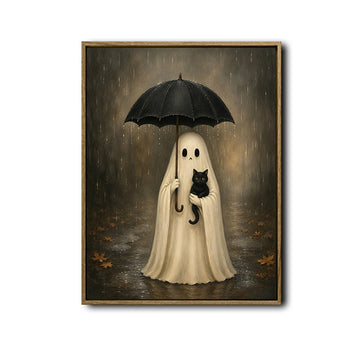 Vintage Ghost Holding Black Cat Umbrella Rainy Halloween Framed Wall Art Print