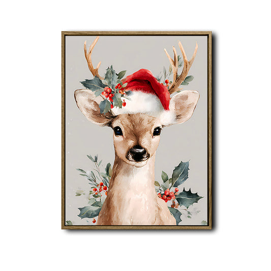 Cute Christmas Deer Santa Hat Framed Wall Art Watercolor Farmhouse Holiday Print