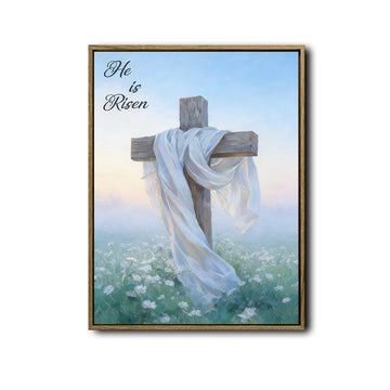 He Is Risen Wooden Cross White Cloth Easter Canvas Wall Art