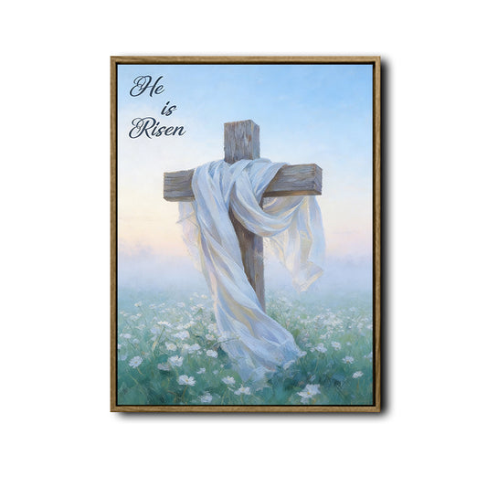He Is Risen Wooden Cross White Cloth Easter Canvas Wall Art