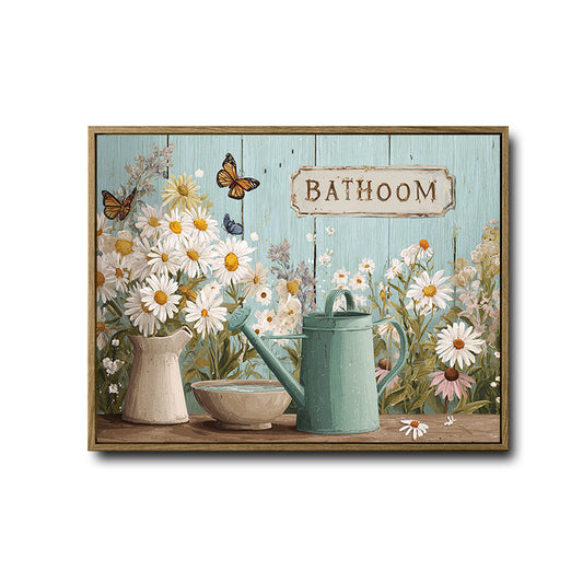 Farmhouse Garden Bathroom Canvas Poster, Soft Watercolor‑Style Daisies Watering‑Can Artwork for Guest Bathroom Wall Decor