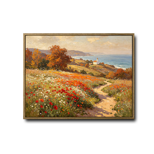Fall Coastal Poppy Field Canvas Wall Art Vintage Autumn Seaside Country Home Decor