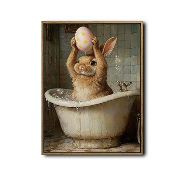 Easter Bunny Bathtub Holding Pink Egg Bathroom Canvas Wall Art