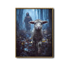 Good Shepherd Jesus Chasing Lost Lamb In Moody Misty Forest Framed Canvas Print, Inspirational Biblical Christian Wall Art