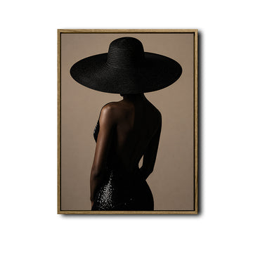 Moody Fashion Portrait Canvas Poster, Chic Woman From Behind With Oversized Black Hat Artwork for Vanity Room Gallery Wall Decor