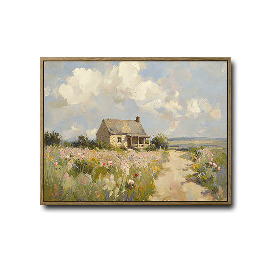 Country Stone Cottage Wildflower Meadow Canvas Wall Art Vintage Farmhouse Home Decor