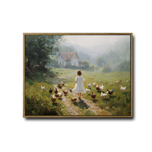 Antique Farm Scene Canvas Poster, Soft Pastoral Oil Painting Girl and Chickens Countryside Artwork for Cottage Farm‑Style Wall Decor