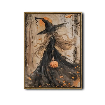 Gothic Blonde Witch Pumpkin Canvas Print, Vintage Autumn Witch Halloween Forest Wall Art