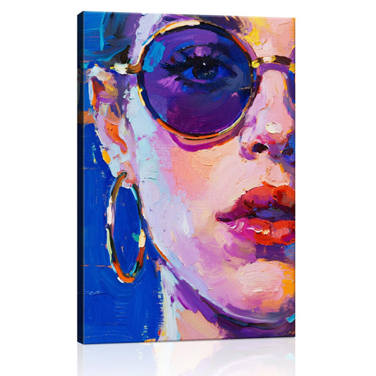 wall art painting depicts woman wearing round sunglasses and large hoop earrings