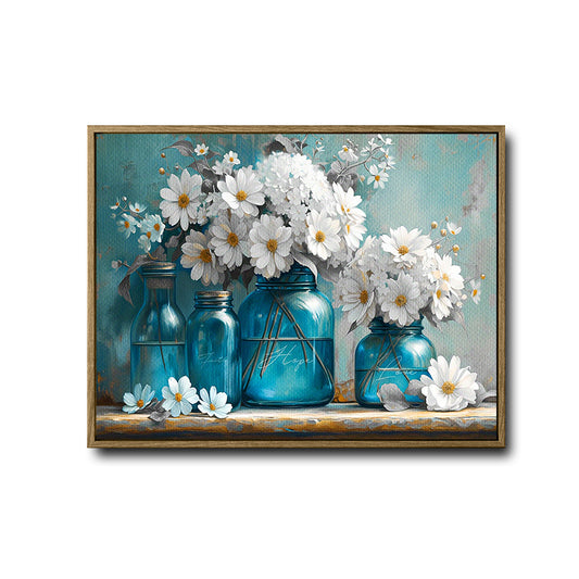 Teal Blue Glass Mason Jars White Daisy Hydrangea Canvas Wall Art, Faith Hope Love Floral Still Life Horizontal Print, Farmhouse Rustic Country Flower Wall Decor