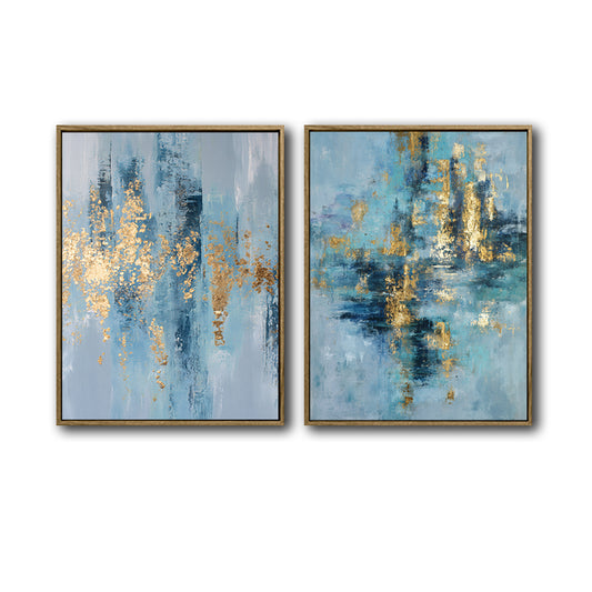 2 Piece Modern Coastal Blue Gold Leaf Abstract Canvas Prints Vertical Brushstroke Painting Contemporary Wall Art