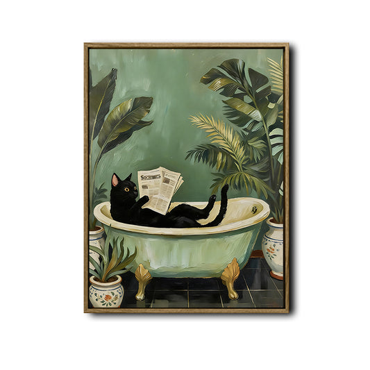 Black Cat Reading Newspaper Bathtub Canvas Wall Art