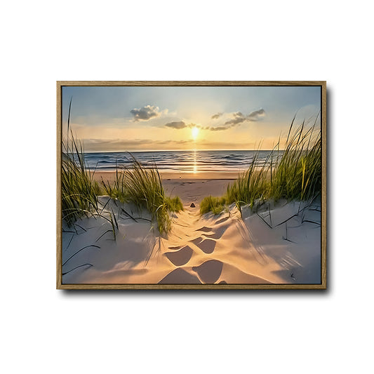 Beach Dunes Sunset Footprints Canvas Print, Coastal Seaside Horizontal Wall Art
