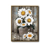 Rustic Farmhouse Wall Decor, White Sunflowers In Galvanized Bucket “FLOWERS & SUNLIGHT” Distressed Wood Background Vertical Canvas Art, Shabby Chic Country Floral Artwork