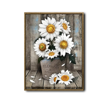 Rustic Farmhouse Wall Decor, White Sunflowers In Galvanized Bucket “FLOWERS & SUNLIGHT” Distressed Wood Background Vertical Canvas Art, Shabby Chic Country Floral Artwork