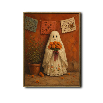 Vintage Ghost Holding Marigold Flower Folk Art Halloween Framed Wall Art Print