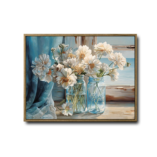 Coastal Window White Flower Ball Mason Jar Canvas Wall Art, Ocean View Floral Still Life Horizontal Print, Beach Cottage Farmhouse Seaside Flower Wall Decor