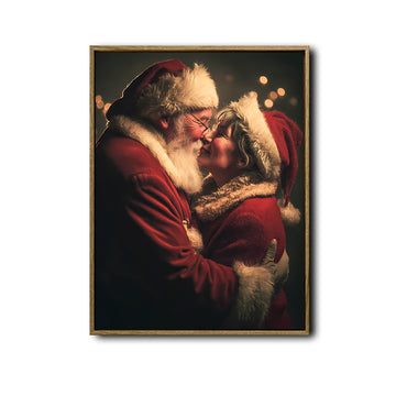 Romantic Santa & Mrs Claus Framed Canvas Wall Art, Christmas Farmhouse Decor