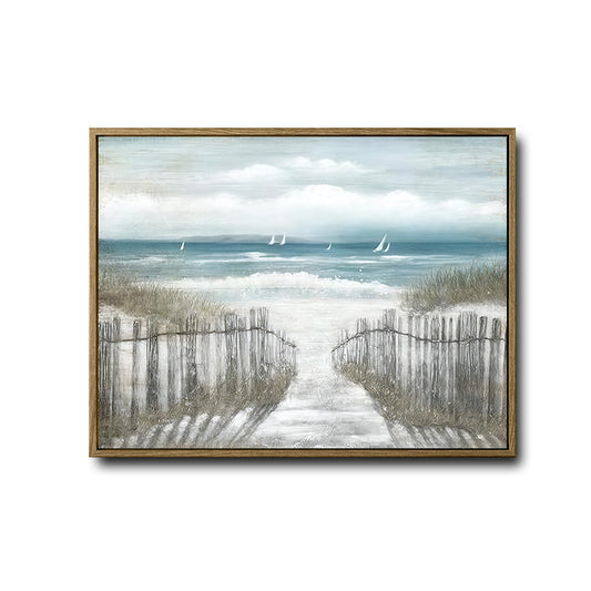 Neutral Coastal Beach Path Canvas Print, Vintage Sailboat Horizontal Wall Art