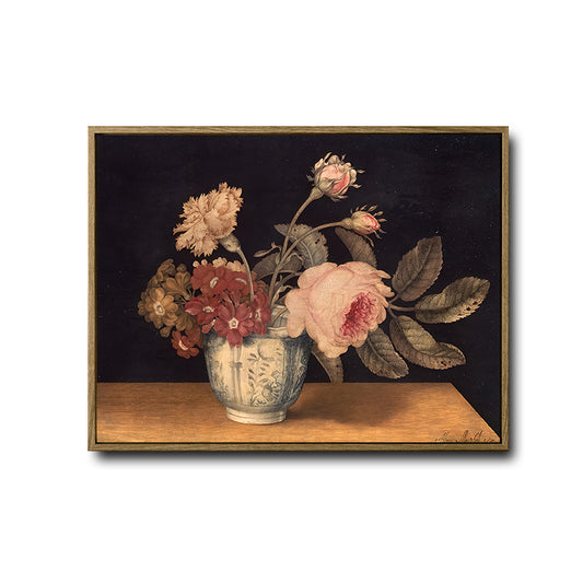 Vintage Floral Framed Wall Art, Flowers in a Delft Jar by Alexander Marshal, Dark Moody Still Life Canvas Print for Living Room Decor