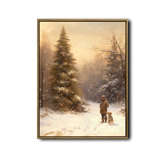 Vintage Man & Dog Snowy Winter Forest Framed Wall Art Christmas Decoration