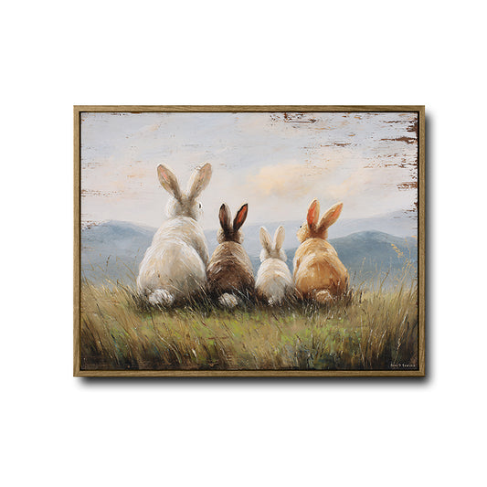 Framed Rabbit Family Canvas Wall Art, Vintage Bunnies Watching Mountain Landscape Painting Print, Rustic Farmhouse Animal Wall Decor for Home