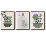 Set of 3 Sage Green Boho Abstract Leaf Geometric Arch Framed Wall Art Prints