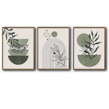 Set of 3 Sage Green Boho Abstract Leaf Geometric Arch Framed Wall Art Prints