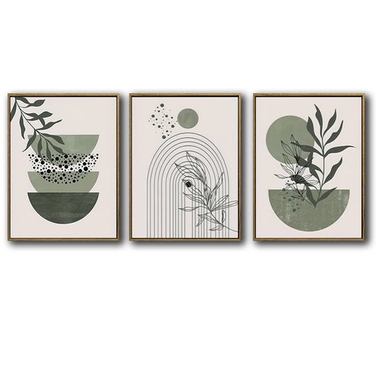 Set of 3 Sage Green Boho Abstract Leaf Geometric Arch Framed Wall Art Prints