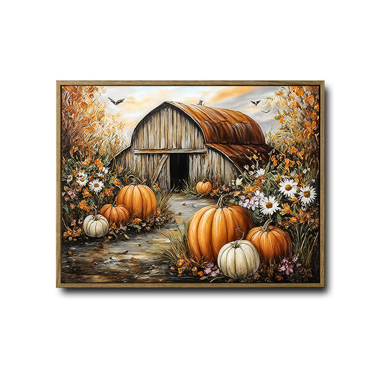 Rustic Fall Barn Pumpkin Canvas Wall Art, Vintage Farmhouse Autumn Daisies Harvest Scene Framed Canvas Print, Thanksgiving Home Decor