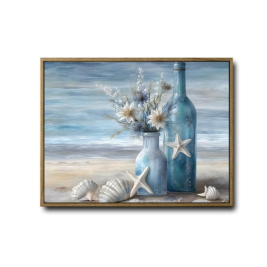 Blue Glass Bottles Starfish Seashell Coastal Canvas Print, Beach Still Life Horizontal Wall Art