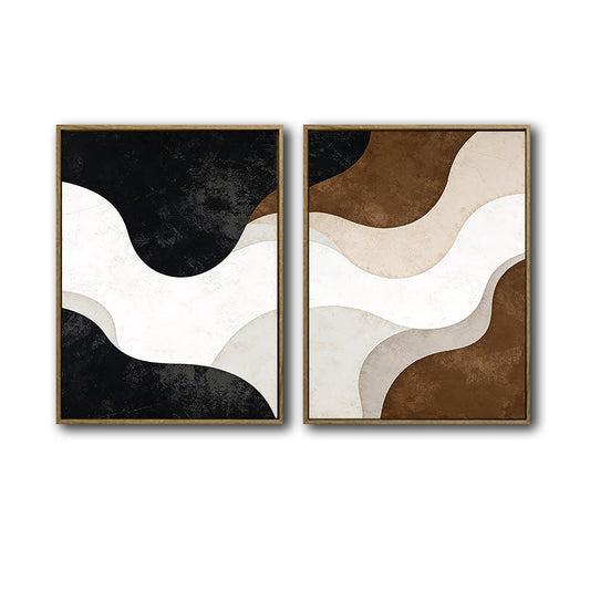 Set of 2 Neutral Brown Black Beige Wavy Abstract Canvas Wall Art Textured Curved Shape Boho Minimalist Framed Wall Decor Living Room Bedroom