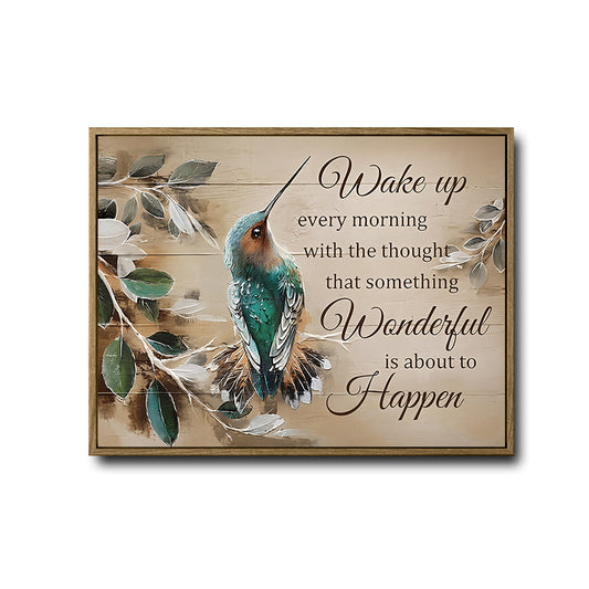 Rustic Farmhouse Wall Decor, Teal Hummingbird Green Leaves Canvas With Encouraging Quote Wake Up Every Morning That Something Wonderful Is About To Happen, Vintage Wooden Background Horizontal Inspirational Artwork