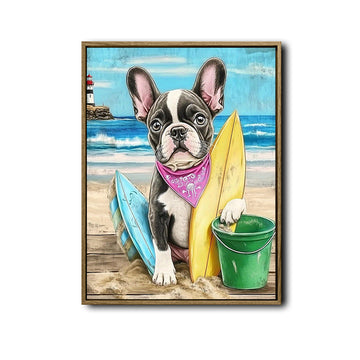 French Bulldog Surfboard Beach Lighthouse Canvas Wall Art, Cute Summer Dog Coastal Vertical Print, Nautical Beach House Pet Lover Wall Decor