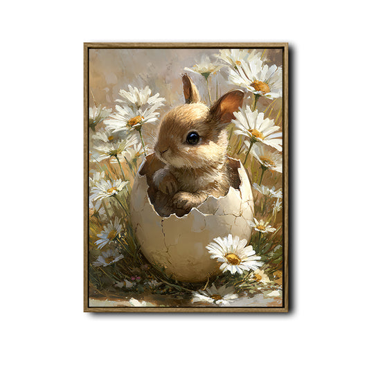 Baby Bunny in Cracked Eggshell White Daisies Canvas Wall Art