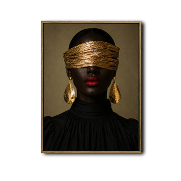 Moody Luxury Portrait Canvas Poster, Black Woman with Gold Blindfold Artwork for Office Gallery Wall Glam Home Decor