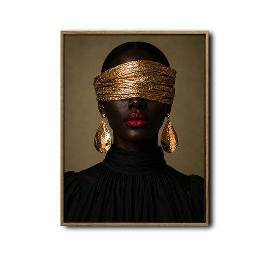 Moody Luxury Portrait Canvas Poster, Black Woman with Gold Blindfold Artwork for Office Gallery Wall Glam Home Decor