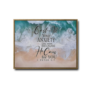 1 Peter 5:7 Framed Wall Art Cast All Your Anxiety Beach Ocean Scripture Print