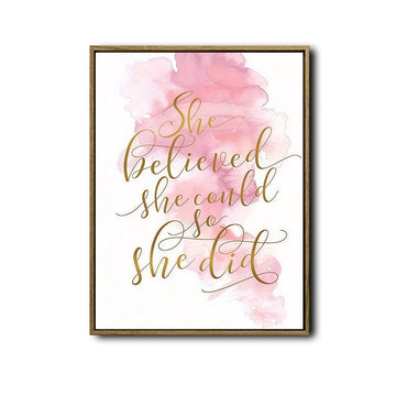 She Believed She Could So She Did Framed Motivational Wall Art Pink Watercolor Quote Print