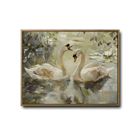 Vintage Swans Canvas Wall Art, Two White Swans on Pond with Water Lilies Oil Painting Print, Cottagecore Neutral Living Room Decor