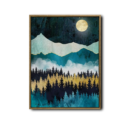 Boho Mountain Forest Night Canvas Wall Art, Full Moon Starry Sky Landscape Print, Teal Gold Abstract Nature Wall Decor for Living Room Bedroom