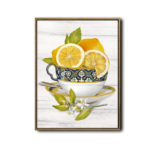 Vintage Teacup Lemon Wall Art, Blue Gold Floral Cup Fresh Lemon Canvas Print, Farmhouse Kitchen Dining Room Decor