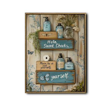 Hello Sweet Cheeks Butterfly Floral Rustic Funny Bathroom Framed Wall Art