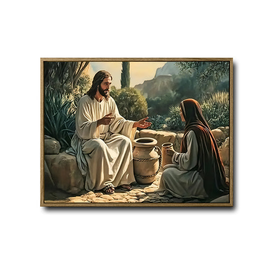 Biblical Scene Canvas Wall Art, Jesus Talking With Samaritan Woman At The Well Vintage Oil‑Style Religious Poster