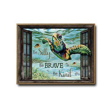 Sea Turtle Underwater Window Canvas Print, Be Silly Be Brave Be Kind Coastal Wall Art