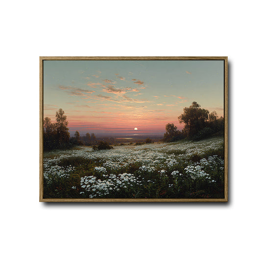 Sunset White Wildflower Meadow Canvas Wall Art Vintage Country Horizontal Home Decor